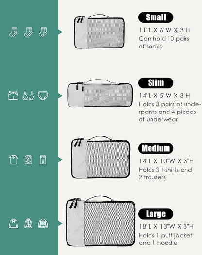 4-Piece Packing Cubes Travel Accessories Set for Suitcases - Luggage Organizer Bags with Double Zipper - Mesh Top - Small/Medium/Large/Slim - Beige