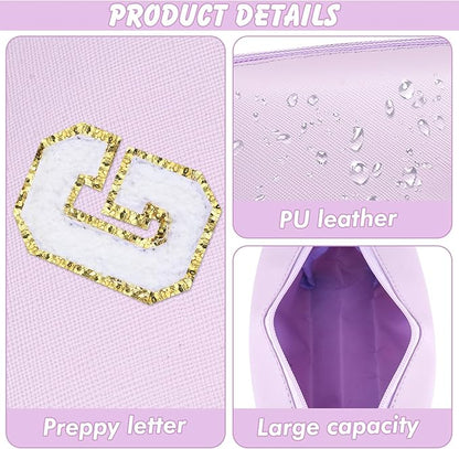 Gifts for Girls Initial Makeup Bag Personalized Cosmetic Bag with Zipper Cute Travel Toiletry Bag Waterproof PU Preppy Makeup Pouch Birthday Gift for Teen Girls Women(Purple G)
