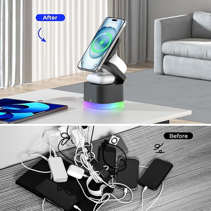 5 in 1 Magnetic Wireless Charger Stand with Night Light, Foldable Wireless Charging Station Built-in Retractable Cable, Travel Wireless Charger for iPhone 17/16/15/14/13/12, Apple Watch, AirPods Pro 3