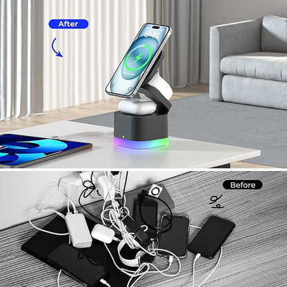 5 in 1 Magnetic Wireless Charger Stand with Night Light, Foldable Wireless Charging Station Built-in Retractable Cable, Travel Wireless Charger for iPhone 17/16/15/14/13/12, Apple Watch, AirPods Pro 3