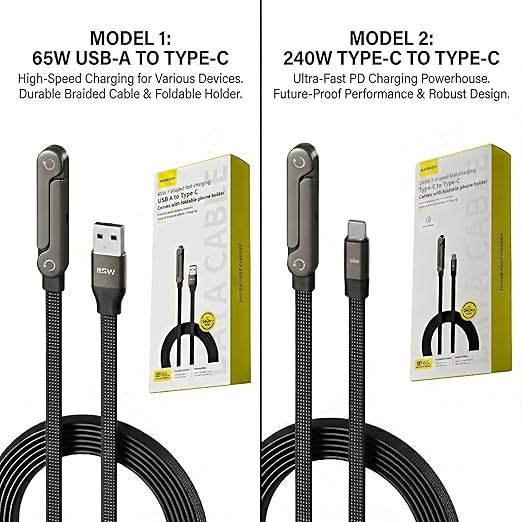 240W Braided Fast Charge Cable with Built-in Phone Stand 65W A-C Charger Cable 2-in-1 Invisible Holder Foldable Charger Cable (65w USB to Type-c)