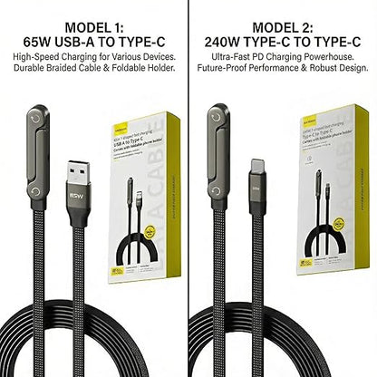 240W Braided Fast Charge Cable with Built-in Phone Stand 65W A-C Charger Cable 2-in-1 Invisible Holder Foldable Charger Cable (65w USB to Type-c)