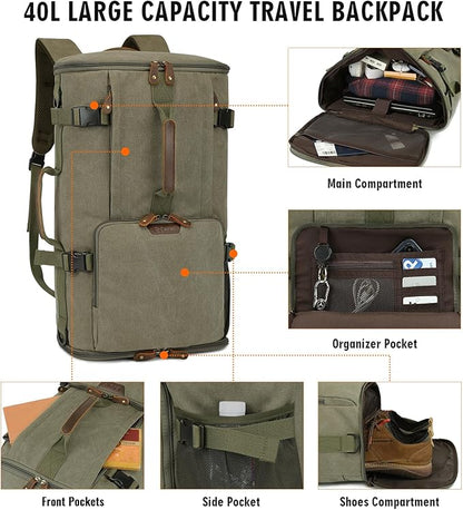 G-FAVOR Travel Backpack for Men, 40L Flight Approved Carry On Backpack, Water Resistant Canvas Rucksack with 17.3" Laptop Sleeve, Convertible Duffel Bag for Airplane, Business & Travel