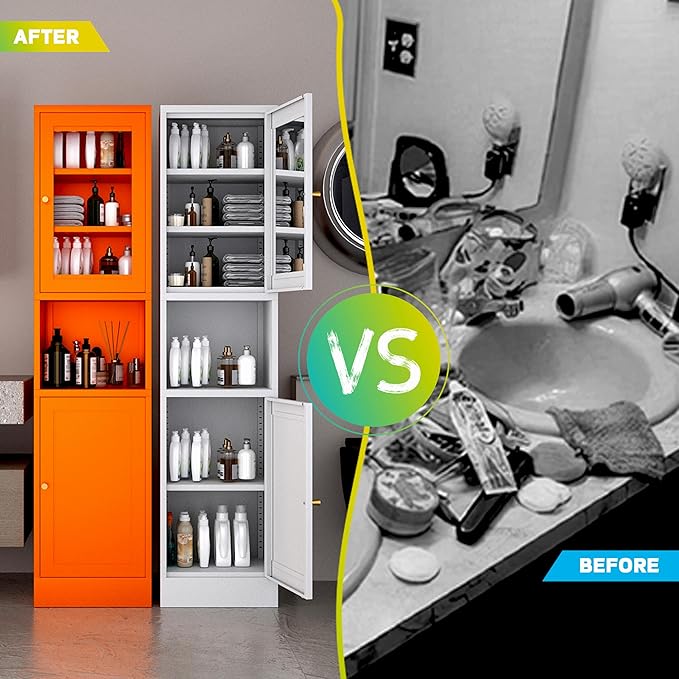 Metal Bathroom Storage Cabinet 67" Slim Bathroom Organizer with 3 Adjustable Shelves, 2 Doors (Left/Right Opening),Metal Floor Cabinet for Small Spaces(Glass, Orange)