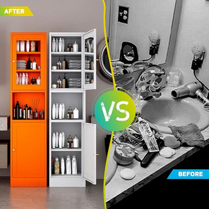 Metal Bathroom Storage Cabinet 67" Slim Bathroom Organizer with 3 Adjustable Shelves, 2 Doors (Left/Right Opening),Metal Floor Cabinet for Small Spaces(Glass, Orange)
