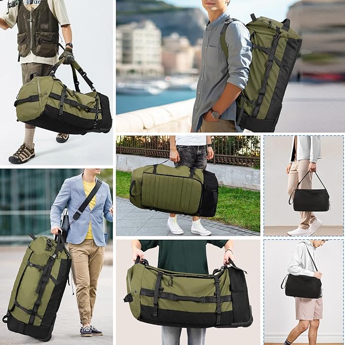 CONTAIL 86L Wheeled Duffel Bag, Soft Shell with Adjustable Web Handles, Carry On Size 29.5x14.2x12.6in, Foldable with Dual Wheels & Shoe Compartment,Army Green