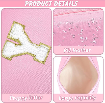 Initial Makeup Bag Personalized Preppy Travel Small Cosmetic Bag Cute PU Pink Chenille Letter Makeup Pouch for Purse Waterproof Zippered Toiletry Organizer for Women Girls Kids Friends (Y)
