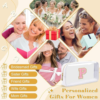 Personalized Initial Letter Clear Makeup Bag,Preppy Small Nylon&PVC Cosmetic Zipper Bag with Chenille Letter,Travel Skincare Toiletry Bag,Monogram Christmas Gift for Teen Girls Women,P