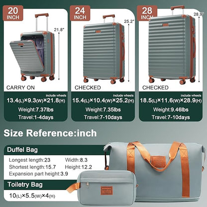 Merax Luggage Sets Front Opening, 3 Piece Hardshell Suitcase with Spinner Wheels and Bags,Lightweight Carry on Luggage with USB Port and Cup Holder,20+24+28,Grey Green