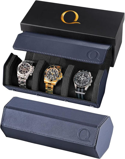 QWATCHBANDS Napa Leather Watch Rolls for Men - Hexagon Triple Watch Roll Travel Case for 3 Watches - Storage Organizer Genuine Leather with Velvet Interior Display (Blue/Black)