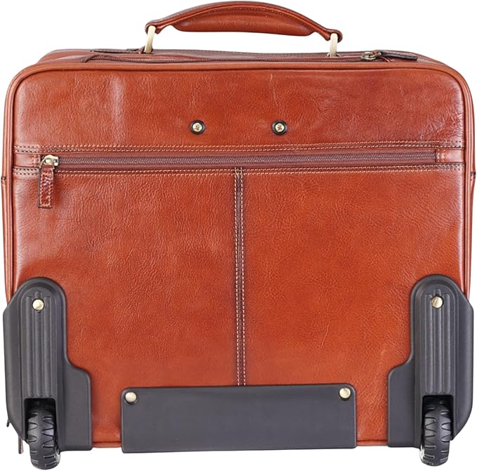 Genuine Leather Wheeled Laptop Briefcase – Tan Rolling Cabin Flight Pilot Bag for Men – 29L Travel Carry-On Case with Adjustable Strap, Trolley Wheels, and Antique Brass Hardware