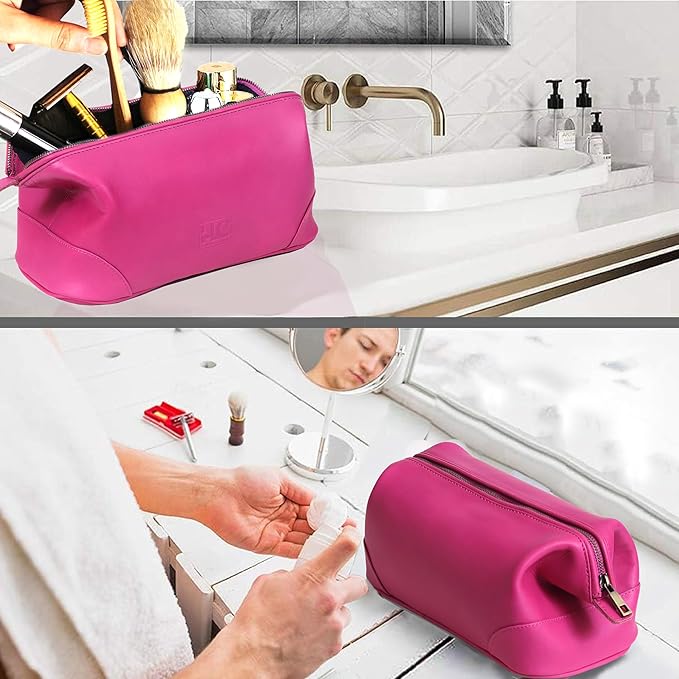 HLC Leather Toiletry Bag for Men Best Gift Premium Genuine Dopp Kit Shaving Kit Organizer Travel Kit Pouch Bag 10 inch Size (Pink)