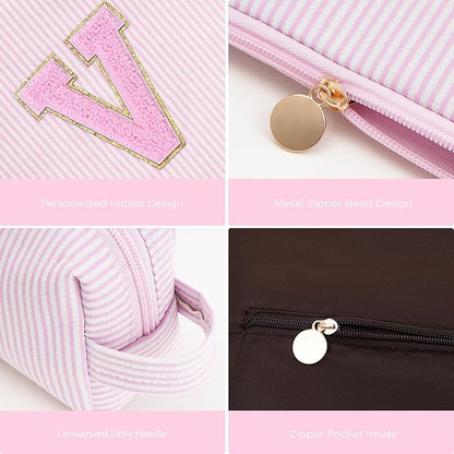 Personalized Makeup Bag for Women Girls - Fashion Cosmetic Bag Trendy Travel Toiletry Bag with Initials Letter - Teen Gifts - Pink,V