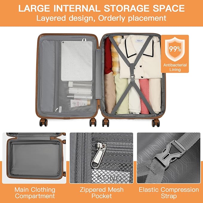 Kono Lightweight 24 Inch Expandable Luggage with Quiet Spinner Wheels TSA Lock, Scratch and Drop Resistant PC+ABS Hardside Durable Medium Checked Suitcase, Cream White & Brown