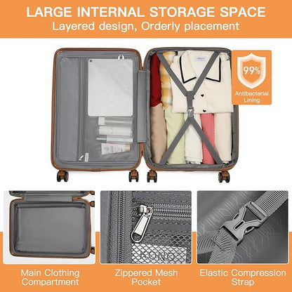 Kono Lightweight 24 Inch Expandable Luggage with Quiet Spinner Wheels TSA Lock, Scratch and Drop Resistant PC+ABS Hardside Durable Medium Checked Suitcase, Cream White & Brown