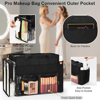 TANTO Travel Makeup Bag, Professional Makeup Artist Bag Tote Bags with 2*bag Extra Large Hair Stylist Travelling Duffle Bag Cosmetic Organizer with Dividers, Gifts for Makeup Beauty Lover (Black
