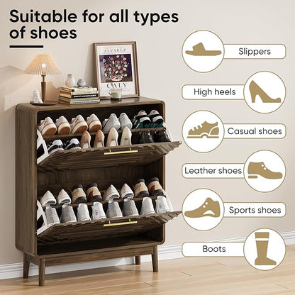 Vibe & Dine Modern Shoe Cabinet with 2 Flip Drawers, Shoe Storage Organizer for Entryway Slim, Freestanding Wood Shoe Rack Cabinet for Hallway, Bedroom, Living Room, Black Walnut