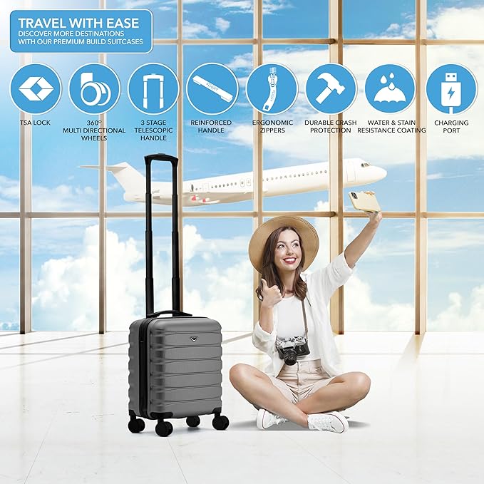 Flight Knight Carry On Suitcase 18x14x8" Hardside Built In TSA Lock & USB Port Lightweight Luggage Silent Double Spinner Wheels Maximum Underseat Carry-On Bag For American & United Approved Airlines
