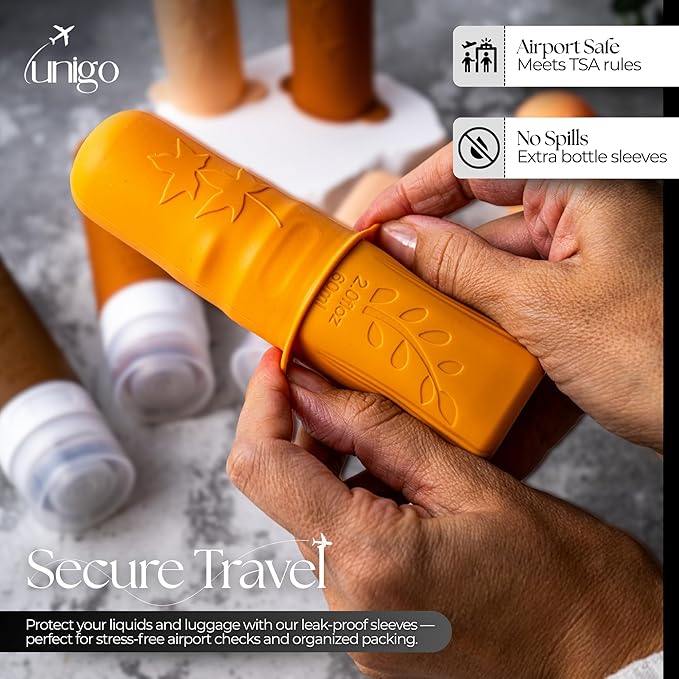 unigo 30pack Full Set TSA Approved Travel Bottles, Travel Size Containers for Toiletries, Refillable Leakproof Shampoo and Conditioner Bottles, Toiletry Containers,Extra Bottle Sleeves(Apricot)