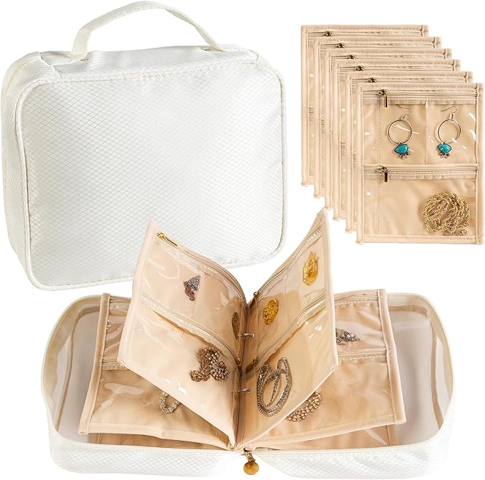 Travel Jewelry Organizer Case with Multiple Clear Zipper Pockets - Ring Binder Style Storage Bag for Necklaces, Earrings, Rings, Bracelets, Ideal for Gifts & Travel(beige)