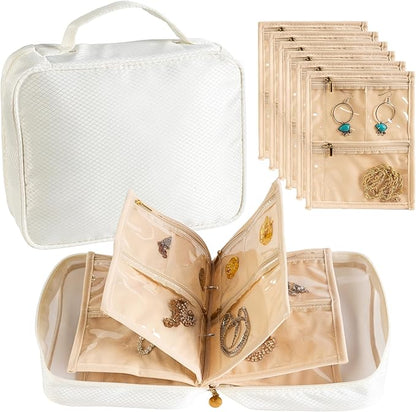 Travel Jewelry Organizer Case with Multiple Clear Zipper Pockets - Ring Binder Style Storage Bag for Necklaces, Earrings, Rings, Bracelets, Ideal for Gifts & Travel(beige)