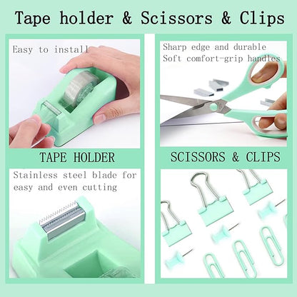 Green Office Desk Accessories Supplies, 12pcs Desk Organizers and Accessories with Tape dispenser and Stapler,Staples,Staple Remover,Pen Holder,Scissor,Ruler,Sticky Tabs,Tape,Ballpoint Pen,Clips Set