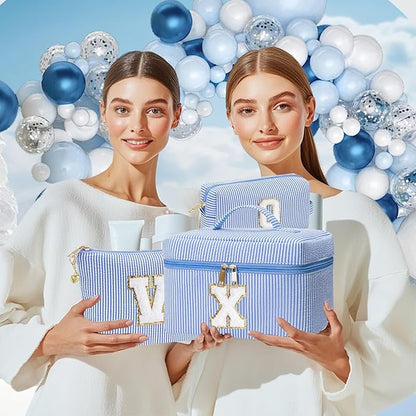 Personalized Monogram Makeup Bag, 3PCS Custom Monogrammed Toiletry Cosmetic Bag for 6-18 Teen Girls Women,Birthday Graduation Gifts Initial Pouch Makeup Bags for Women Girls, Make Up Bag (M, Blue)