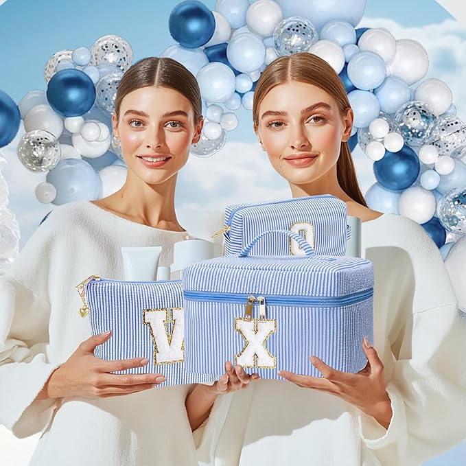 Personalized Monogram Makeup Bag, 3PCS Custom Monogrammed Toiletry Cosmetic Bag for 6-18 Teen Girls Women,Birthday Graduation Gifts Initial Pouch Makeup Bags for Women Girls, Make Up Bag (T, Blue)