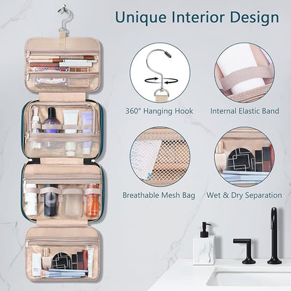 Wedama Toiletry Bag for Women, Hanging Travel Toiletry Bag with Jewelry Organizer Compartment Large Makeup Bag, PVC Waterproof Cosmetic Travel Bag for Travel Business Trips Camping Bathroom, Blue