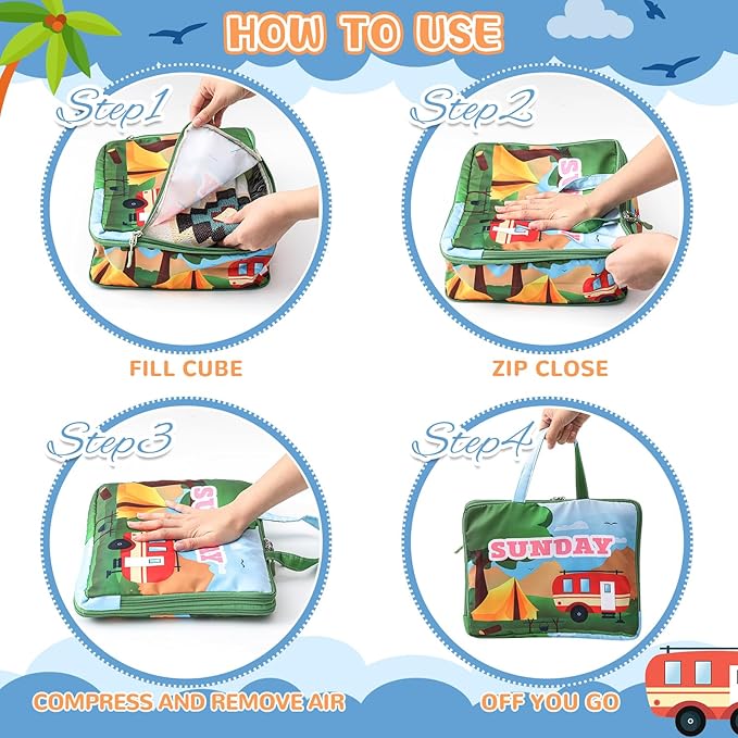Paterr 7 Pcs Days of Week Packing Cubes Compression Packing Cubes for Kids Winter Camp Travel Daily Outfit Suitcase Organizers Zippered Storage Bag for Cruise Vacation Essentials(Camping)
