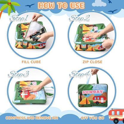Paterr 7 Pcs Days of Week Packing Cubes Compression Packing Cubes for Kids Winter Camp Travel Daily Outfit Suitcase Organizers Zippered Storage Bag for Cruise Vacation Essentials(Camping)