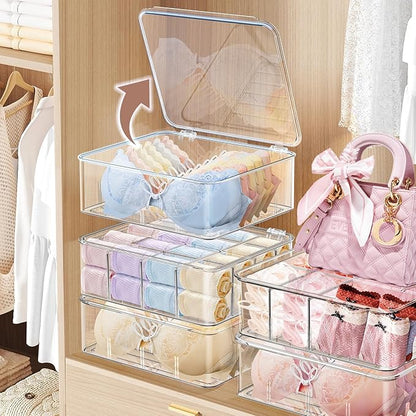 DILIBRA Socks Underwear Drawer Organizer for Closet, 16 Compartment Removable Divided Plastic Clear Sock Storage Box with Lid, Underwear Organizer Storage Container for Bra Socks Ties Scarf