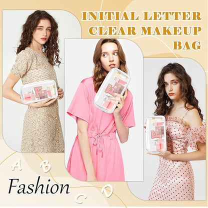 Personalized Initial Letter Clear Makeup Bag,Preppy Small Nylon&PVC Cosmetic Zipper Bag with Chenille Letter,Travel Skincare Toiletry Bag,Monogram Christmas Gift for Teen Girls Women,F