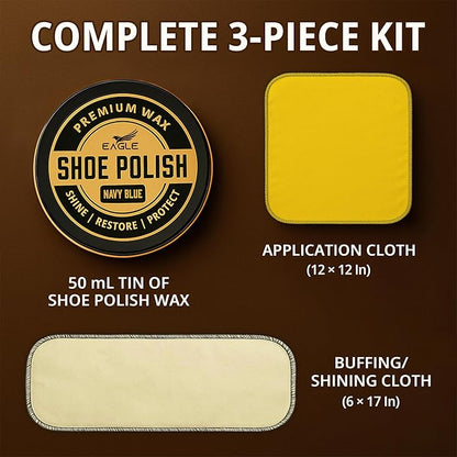 Eagle Shoe Polish Wax – Premium High-Gloss Shine – Restores Color, Covers Scuffs, Nourishes & Protects - 3-Piece Kit