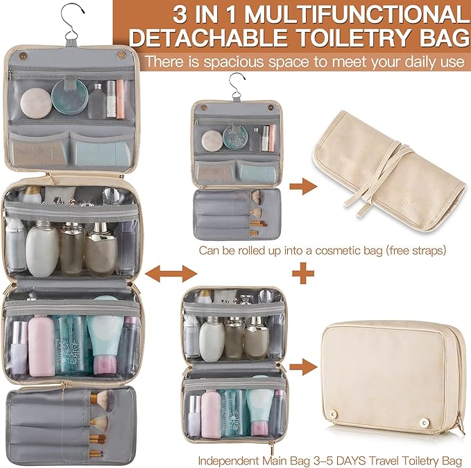 Elviros Hanging Travel Toiletry Bag for Women,3-in-1 Large Makeup Bag and Cosmetic Organizer,Vegan Leather Waterproof Skincare Case for Travel Size Toiletries and Accessories,Gift for Women