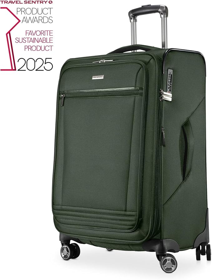 Ricardo Beverly Hills Avalon Softside Medium Check-In Luggage Made with Sustainable 100% Recycled PET (rPET), Lightweight, Eco-Friendly Travel, Expandable, Dual Spinner Wheels, Juniper Green, 24-inch
