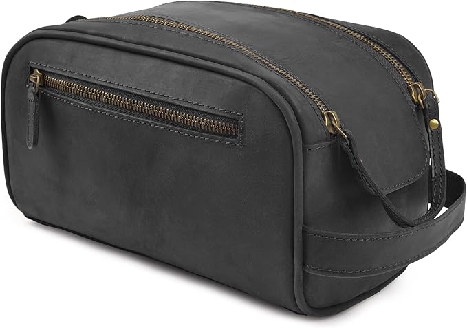 mds Genuine Leather Toiletry Bag for Men - Unisex Rustic Classic Vintage Handcrafted Full-Grain Leather Travel Dopp Kit with Waterproof Lining & Handle, Shaving & Grooming Kit Organizer Pouch - Black