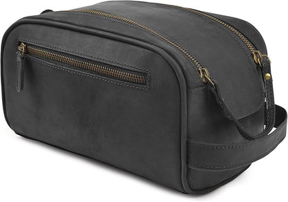 mds Genuine Leather Toiletry Bag for Men - Unisex Rustic Classic Vintage Handcrafted Full-Grain Leather Travel Dopp Kit with Waterproof Lining & Handle, Shaving & Grooming Kit Organizer Pouch - Black
