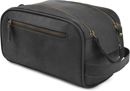 mds Genuine Leather Toiletry Bag for Men - Unisex Rustic Classic Vintage Handcrafted Full-Grain Leather Travel Dopp Kit with Waterproof Lining & Handle, Shaving & Grooming Kit Organizer Pouch - Black