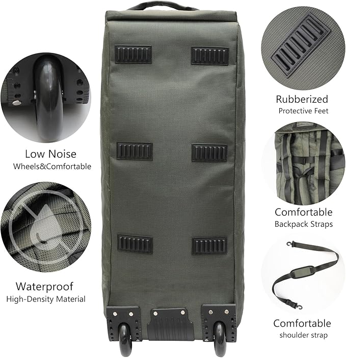 80L Rolling Duffle Bag with Wheels - Heavy-Duty 33.5" Foldable Duffel, Water-Resistant Wheeled Luggage with Shoulder Straps for Camping, Gym, Airplane(Green)