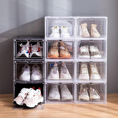 Attelite X-Large Clear Plastic Shoe Boxes - Stackable Shoe Organizer with Magnetic Door (9 Pack, Clear White)