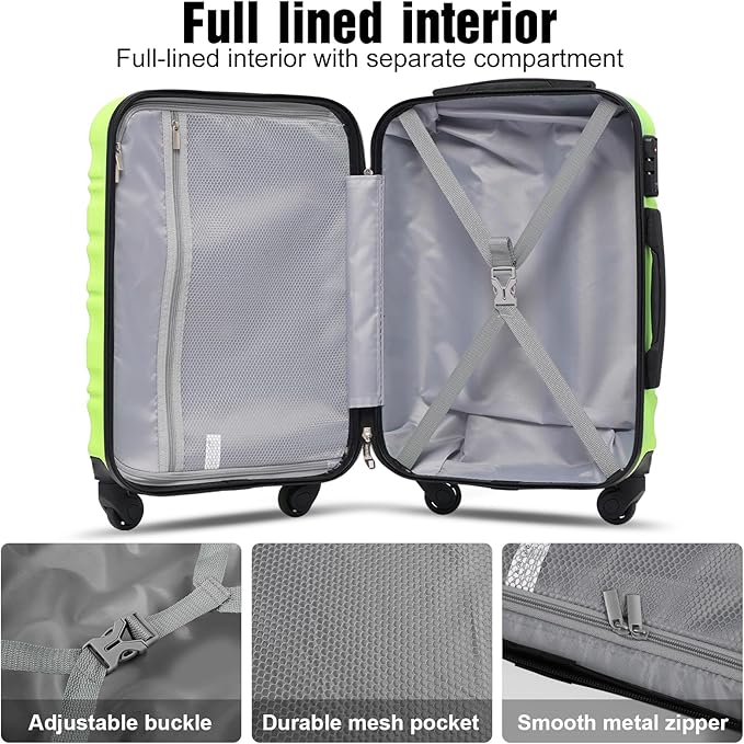 LONG VACATION Carry On Luggage 20 Inch, Luggage Sets 3 Piece with Spinner Wheels & YKK Zipper TSA Lock, ABS+PC Hardside Suitcase Lightweight Travel Luggage (APPLE GREEN, 20 Inch)
