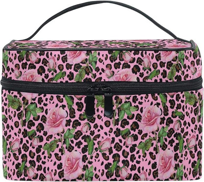 Makeup Bag, Roses On Pink Leopard Travel Makeup Organizer Bag Cosmetic Cases Toiletry Bags for Girl Women Ladies