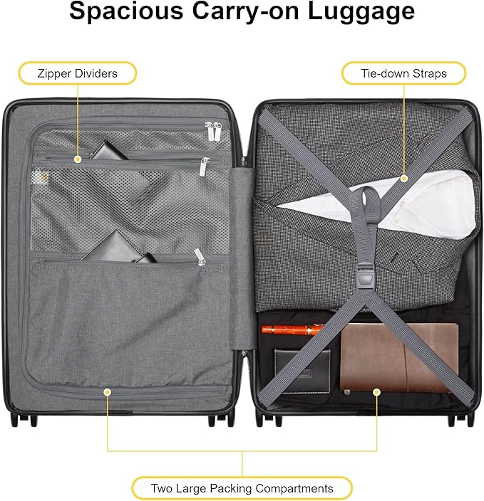 LEVEL8 Carry On Luggage with Compartment, 20 Inch Lightweight Hard Shell Rolling Suitcase with Wheels Airline Approved with Front Pocket, Double Tsa Locks, Grey