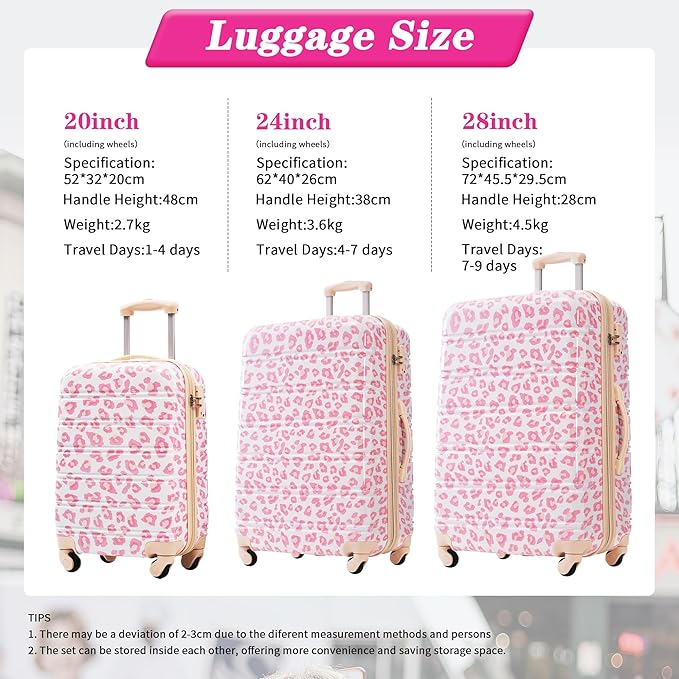 Merax Leopard Print Luggage Sets, 3 Piece Expandable Suitcase Set with Spinner Wheels,Large Checked Travel Suitcases and Carry On Travel Luggage, 100% PC, TSA Lock,Pink