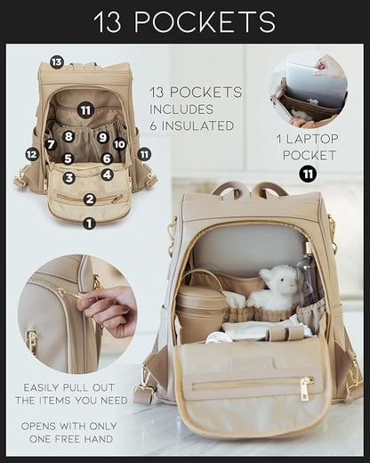 MIA + SOPHIA Leather Diaper Bag Backpack with USB Charging port, Changing Pad, Stroller Straps, and Bottle Holder (Beige Mia)
