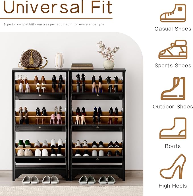 Chogori 3-Tier Shoe Cabinet – Solid Wood Entryway Shoe Storage Organizer with Flip-Up Doors, Adjustable Shelves – Narrow Freestanding Shoe Cabinets for Hallway – Space-Saving Design (2, Onyx Black)
