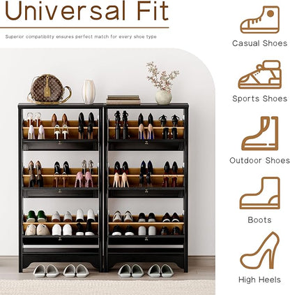 Chogori 3-Tier Shoe Cabinet – Solid Wood Entryway Shoe Storage Organizer with Flip-Up Doors, Adjustable Shelves – Narrow Freestanding Shoe Cabinets for Hallway – Space-Saving Design (2, Onyx Black)