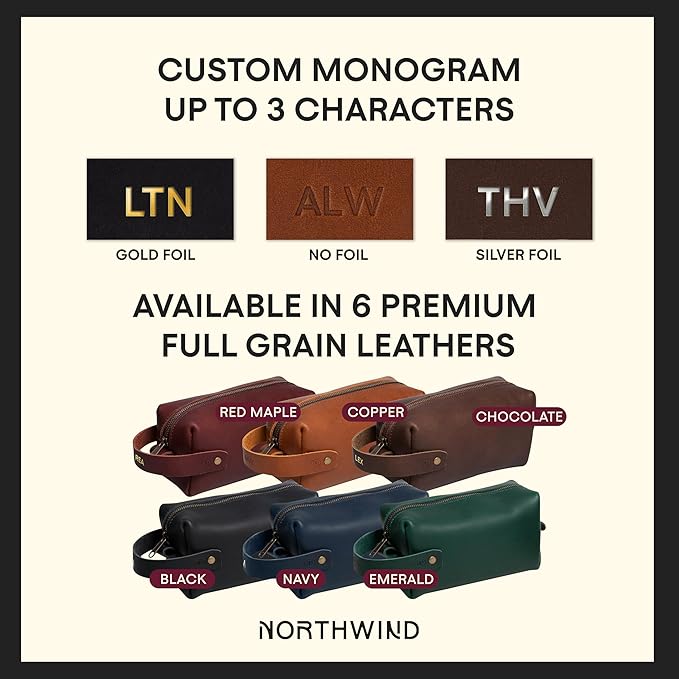 Northwind Personalized Leather Toiletry Bag – Full Grain Leather Dopp Kit for Men & Women – Handmade in the USA – Custom Debossed Engraved Initials, Travel Toiletry Bag for Gifts & Grooming Essentials