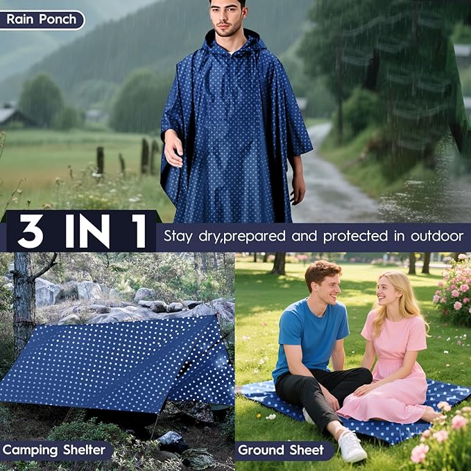 Bruvoalon 3-in-1 Rain Poncho with 1/4 Zip & Chest Pocket, Waterproof, Sunshade, Ground Mat for Adults & Youth Emergency